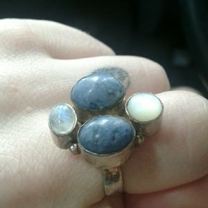 Crystal ring with sodalite, moonstone & opal .925